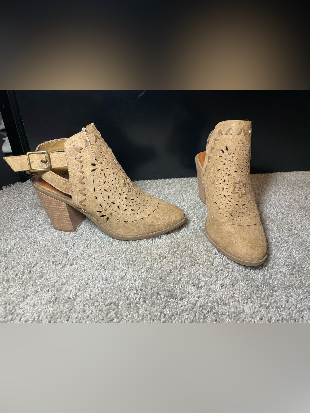 Women's Taupe Suede Cutout Ankle Booties with Block Heel